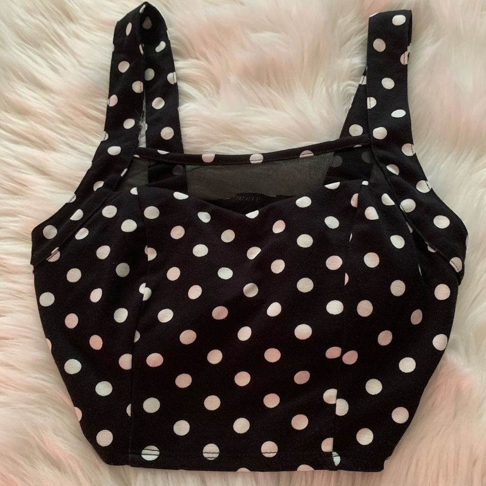 FOREVER 21 BLACK AND WHITE POLKA DOT MESH CROP TOP
